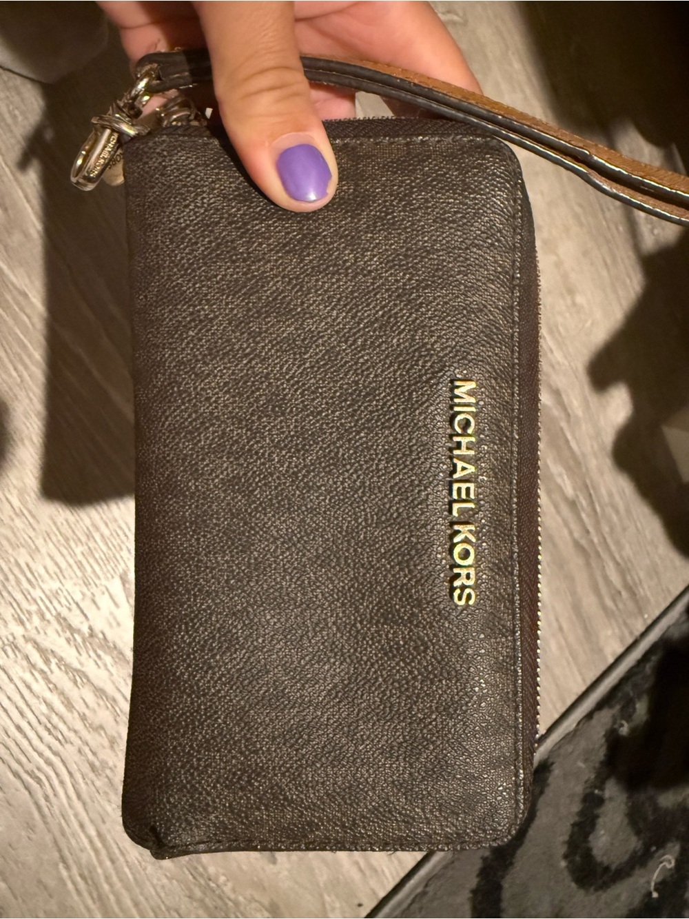 Michael Kors Dark Brown Leather Zip Wristlet with Gold Logo
